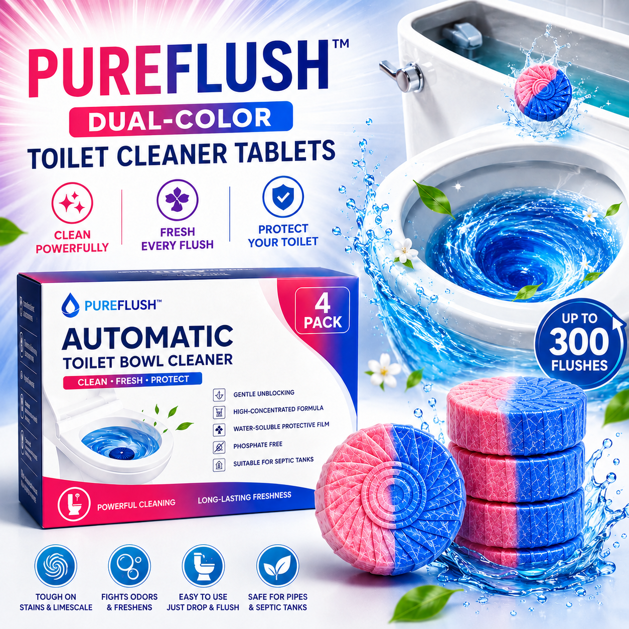 PureFlush™ Dual-Color Toilet Cleaner Tablets